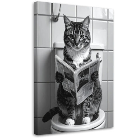Stampe su Tela, Gatto divertente che legge il giornale nel bagno in bianco e nero, 60x90