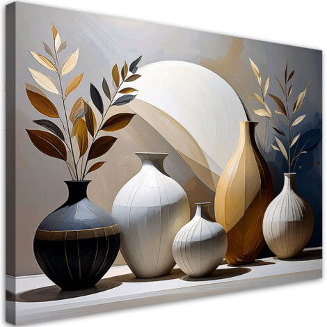 Stampe su Tela, Natura morta brocche foglie in beige, 30x20