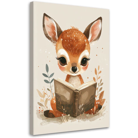 Stampe su Tela, Piccolo cervo che legge un libro animali della foresta, 60x90