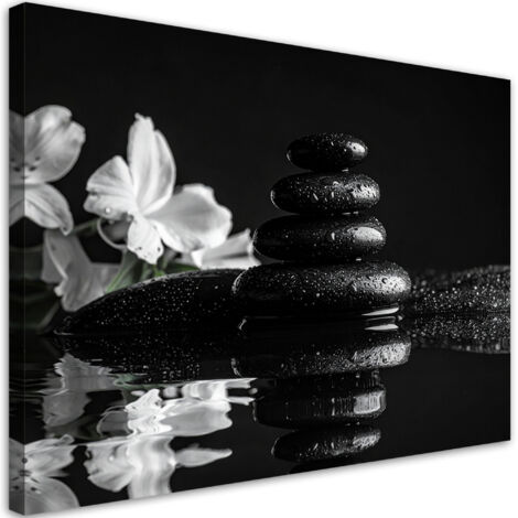 Stampe su Tela, Pietre nere fiori bianchi zen spa, 30x20
