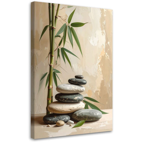 Stampe su Tela, Pietre zen spa foglie di bambù in beige, 20x30