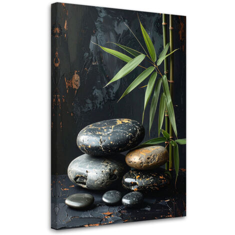 Stampe su Tela, Pietre zen spa foglie nere su sfondo nero, 20x30