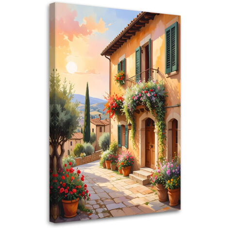 Stampe su Tela, Toscana strade colorate case con fiori, 40x60