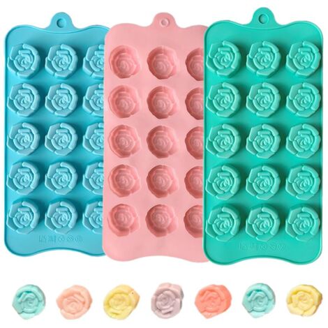 Stampi in silicone per rose, confezione da 3, stampi in silicone con 15 cavità per cucinare, cuocere al forno, decorare torte, cubetti di ghiaccio, gelatina, resina e sapone