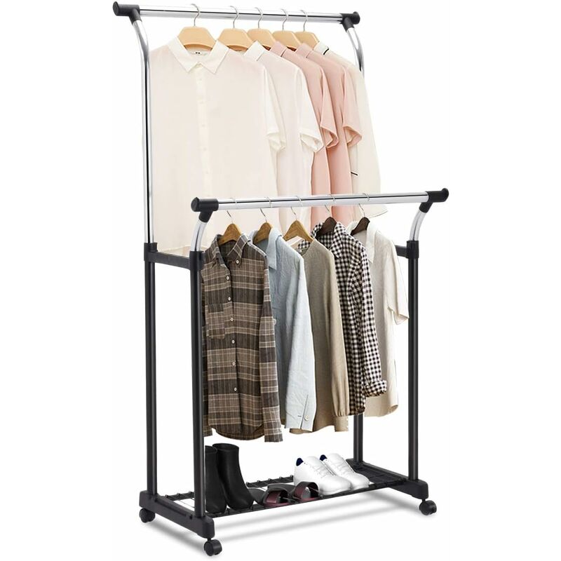 Stand Appendiabiti Regolabile Con Rotelle - Carrello Porta Abiti E Scarpe, Bianco/Cromo - Foto 9