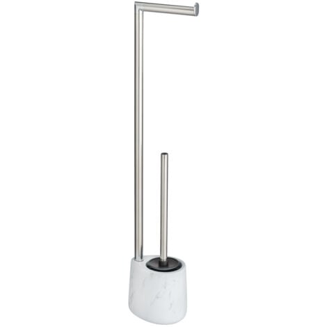 WENKO Combiné WC 2en1 Adrada, Brosse WC noire silicone et dérouleur papier toilette sur pied, céramique effet marbre, 13x72x9,5 cm, blanc