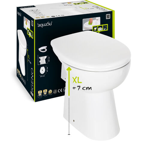 'aquaSu® Stand WC spülrandlos mit +7 cm Erhöhung, Komplett-Set mit Toilettendeckel mit Absenkautomatik, Tiefspüler mit waagerechtem Abgang, erhöhte Toilette ohne Spülrand, Komfort WC Weiß, 57227 9
