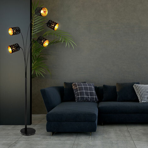 Standleuchte Stehlampe Schlafzimmerleuchte 5-flammig, Textilschirme schwarz vergoldet, Dekorstanzungen, Metall Stoff, 5x E14, LxBxH 85x130x204 cm