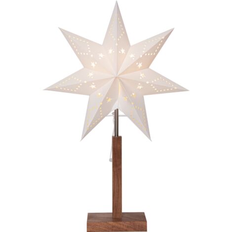 Standleuchte Stern Karo mit Holzfuß – Weihnachtsstern aus Papier, FSC®-zertifiziert, E14 Fassung, 55 cm Höhe, warmes Licht für Fenster & Wohnzimmer