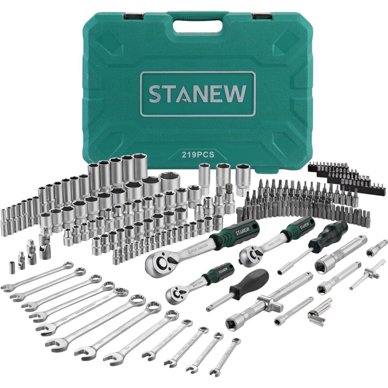 Stanew - 219 pcs Caisse à Outils, Complète en Coffret Douille et Accessoires en 1/4', 3/8' et 1/2', Acier au cr-v, Kit Clé de serrage Douille avec