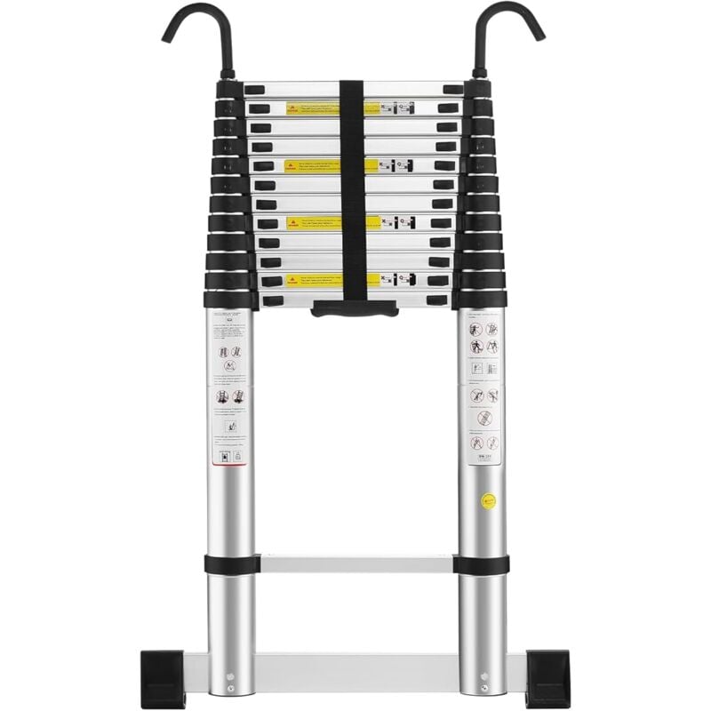 Aluminium Échelle pliante 5M Télescopique Pliable avec Mains Courantes Amovibles et barre d'équilibre, Éxtensible Échelle Droite Simple