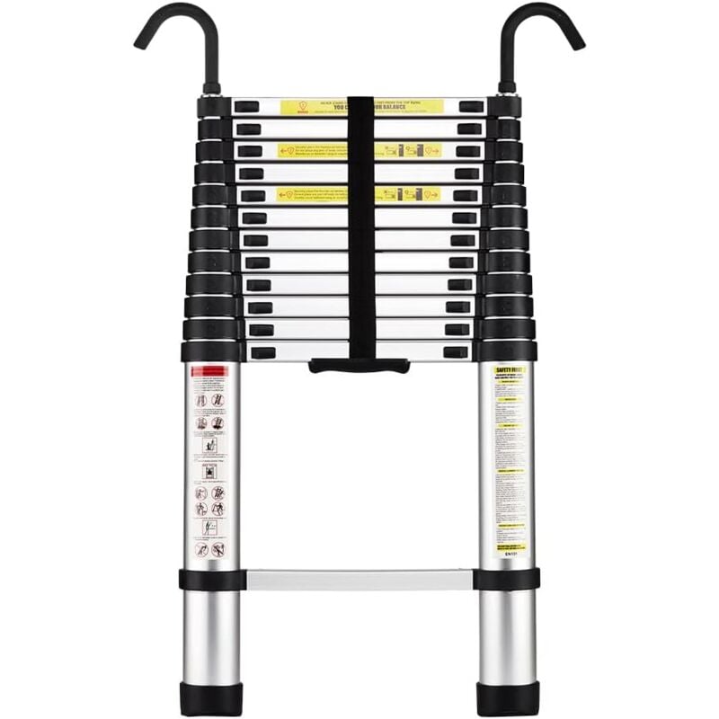 Aluminium Échelle pliante 3.8M Télescopique Pliable avec Mains Courantes Amovibles, Éxtensible Échelle Droite Simple ,Multifonctionnelle, Charge max