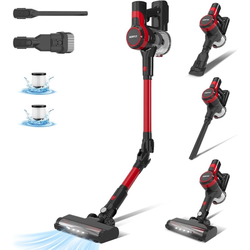 Stanew Aspirateur Balai sans Fil, 30Kpa Aspirateur sans Fil Puissant, 320W Aspirateur Pliable, 40Min Autonomie, LED, pour Poils d'animaux Tapis