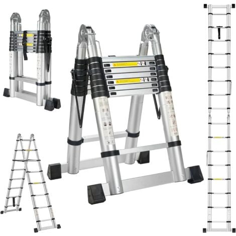 STANEW Échelle télescopique de 5 m(2.5+2.5), Echelle Pliante 2 en 1, Escabeau Télescopique en Aluminium, Échelle Pliable avec Travail à l'intérieur et à l'extérieur, Charge 150 kg, Argenté