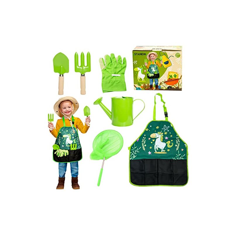Stanew - Ensemble d'outils de jardinage pour enfants - Cadeau de jardinage pour enfants - Filet de pêche, tablier, bouilloire pour enfants - Vert