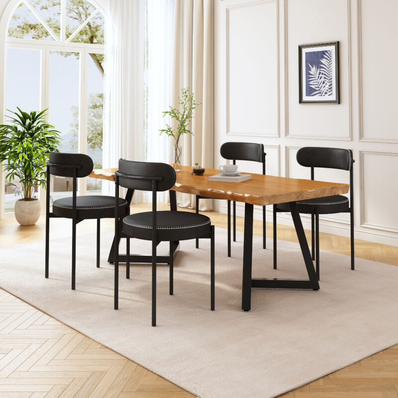 Stanew - Lot de 4 Chaise de Salle à manger, Chaise Cuisine en Cuir pu, Chaise rétro avec Coutures Blanches, Pieds en métal, Noir