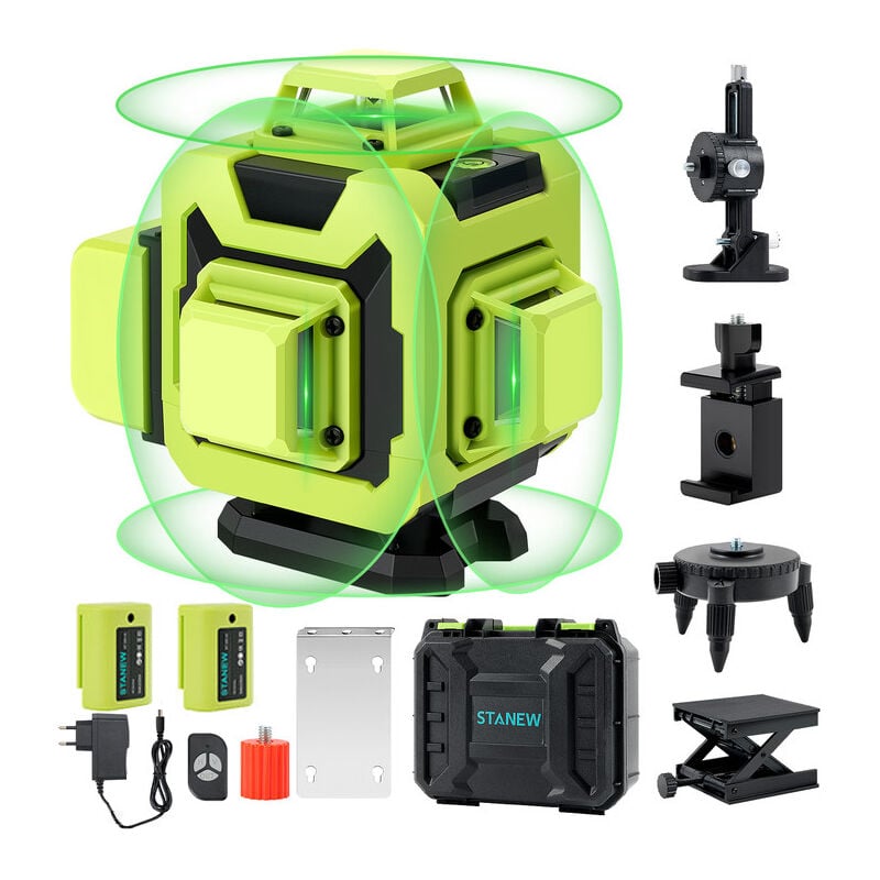 STANEW Niveau Laser 4 x 360°, Huepar Auto-Nivelant Laser Vert à Ligne Croisée Verticale et Horizontale,Télécommande Intégrée Batterie Rechargeable