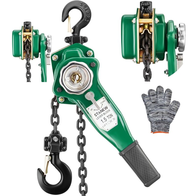 Palan à Levier Manuel, Capacité de charge 1.5t, Hauteur de Levage 2.8m, Chaîne G80 en Acier au Carbone, Crochet Orientable à 360° - Stanew