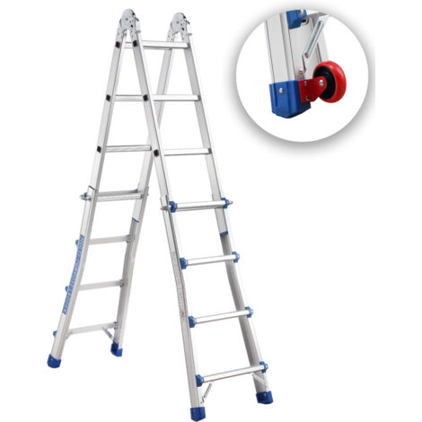 STANEW Scala in alluminio Scala Multiuso 4 m 4x4 Pioli Scala Telescopica con ruote Multifunzionale  Pieghevole  Singola Fissa Scala scorrevole  Scaletta e Bifacciale, Argento