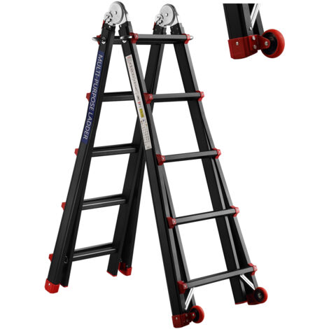 STANEW Scala in alluminio Scala Multiuso 5,10 m 5x5 Pioli Scala Telescopica con ruote Multifunzionale  Pieghevole  Singola Fissa Scala scorrevole  Scaletta e Bifacciale (5,10 m / 5x5 pioli Nero/Rosso)