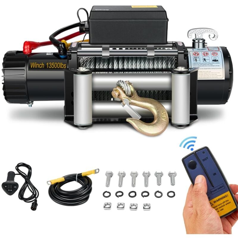 STANEW Treuil électrique 13500lbs/6075kg 12V avec telecommande ,Moteur Haute Puissance,Treuil de Récupération avec Câble en Acier Solide, Portable et