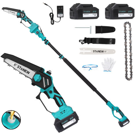 STANEW Tronçonneuse Télescopique 2 en 1, 21V 600W Tronçonneuse Électrique sans Fil, Mini Tronçonneuse sans Balais avec 2 Batteries 4A, 6 Pouces, Hauteur de Travail Max 4,55 m, Réglage Multi-angle de 0
