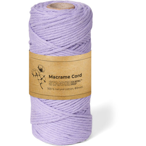 STANKE Makramee Garn 3mm 100 m Farbe Lila- Baumwollgarn für Boho-DIY, Körbchen, Traumfänger - Baumwollkordel für Girlanden, Untersetzer, Taschen - 100% Baumwolle, gedreht, weich, große Rolle