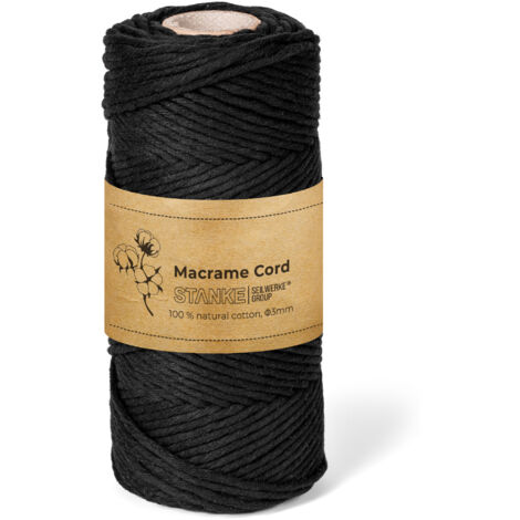 STANKE Makramee Garn 3mm 100 m Farbe Schwarz - Baumwollgarn für Boho-DIY, Körbchen, Traumfänger - Baumwollkordel für Girlanden, Untersetzer, Taschen - 100% Baumwolle, gedreht, weich, große Rolle
