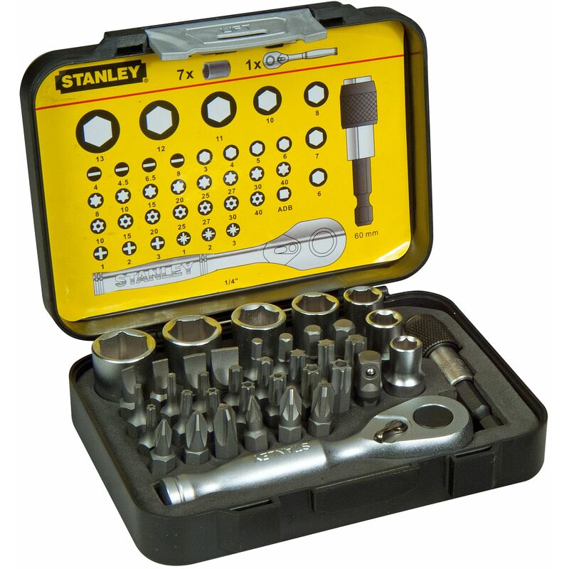 Image of Stanley - Set mit 39 Bits 1/4 25mm mit Steckschlüsseln und Mini-Ratsche 1/4 1-13-906