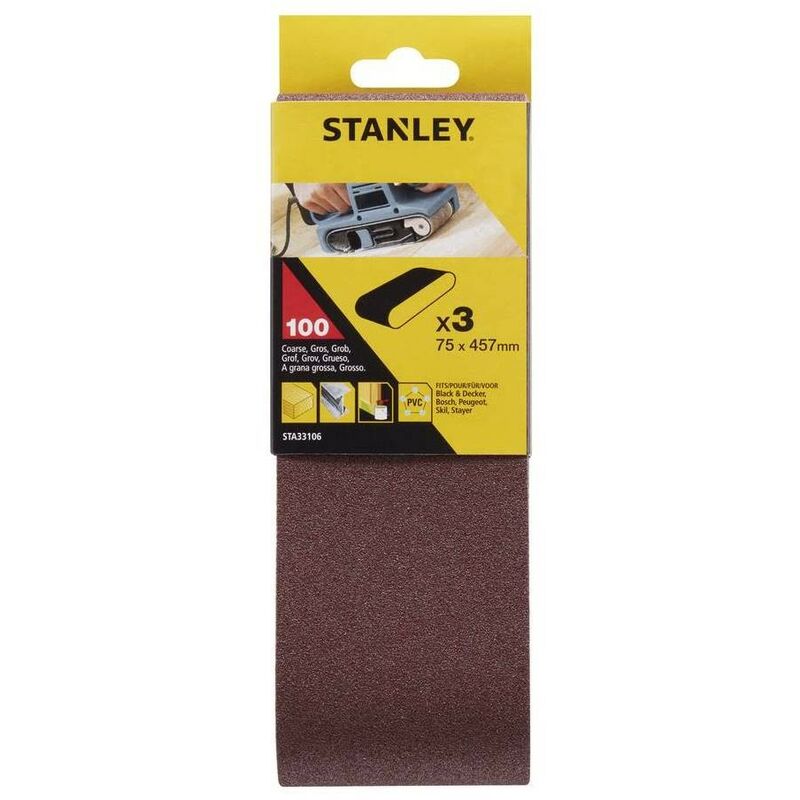 

STANLEY STA33106-XJ - 3 Bandas de lija. 75 x 457 mm. Grano 100. Madera, pintura, barniz, yeso, metal y pl stico. Larga Duraci¢n.