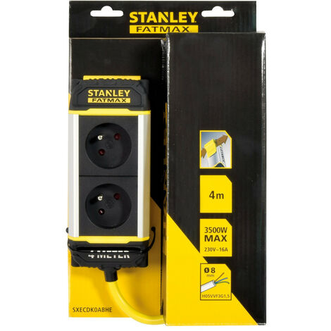 Stanley – Bloc électrique 2 prises 16A en aluminium extrudé – Câble 4m haute résistance Ø8mm – Attache ceinture nylon pour travail en hauteur