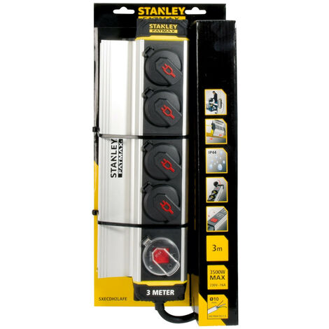 Stanley – Bloc multiprise 4 prises 16A avec clapets étanches – Interrupteur IP44 – Câble 3m HO7RN-F – Aluminium extrudé pour extérieur