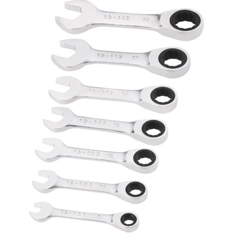 Stanley – Clés mixtes courtes à cliquet 7 pièces – Angle de 15° pour accès facile – Mécanisme à 72 dents pour flexibilité – Finition chrome mat