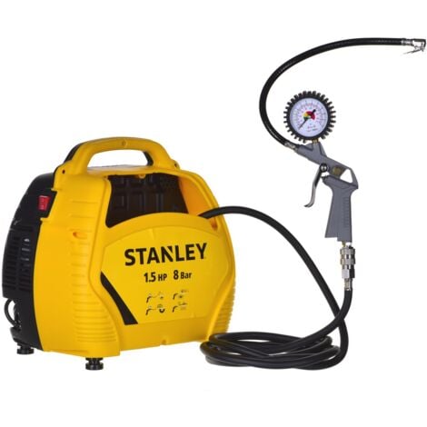 Stanley Compresor Aire 8 Bar - Compresor de Aire Portatil Sin Aceite con Herramientas Neumáticas - Set de Compresor Incluye Manguera de Aire de 3M, Pistola de Aire con Manómetro y 3 Boquillas