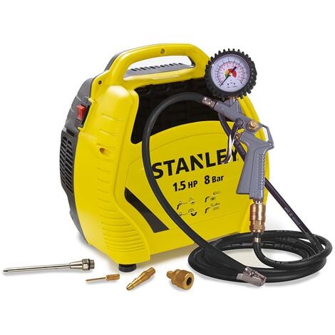 Stanley Compresseur set, modèle valise, sans huile, portable, léger, 1.5 ch, 1100 W, 8 bar, 180 l/min débit d’air, sans cuve, avec kit d’accessoires 6 pièces pour gonflage et petits travaux