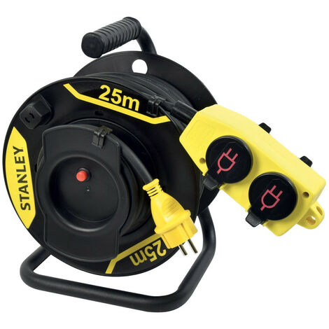 Stanley – Enrouleur électrique déporté 25 m – 4 prises 16A+T – Indice de protection IP44 – Câble H07RN-F – Pour chantiers difficiles