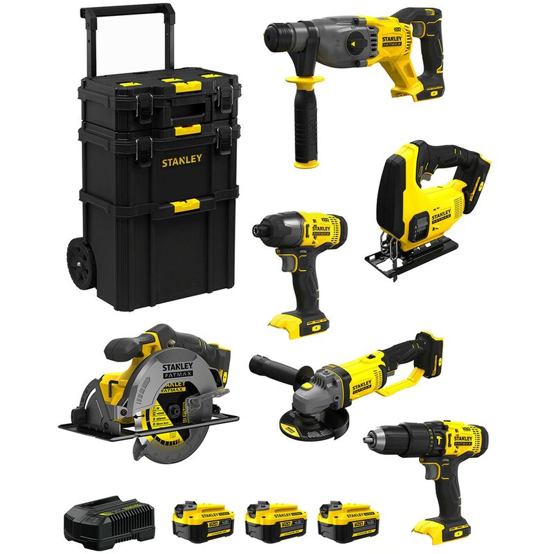 

STANLEY FatMax Kit SVK601 (SFMCH900 + SFMCG400 + SFMCD711 + SFMCF800 + SFMCS500 + SFMCS600 + 3 x 4,0 Ah + Cargador + Carro 3en1)