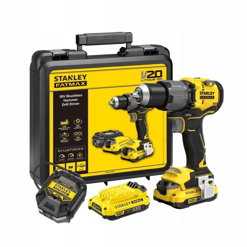 Fatmax V20 Perceuse Visseuse 80 Nm Brushless - Lithium 18V - 2 Batteries 2 Ah - SFMCD725D2K-QW - Stanley