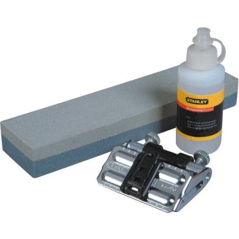 Stanley – Kit d'affûtage avec guide et pierre à huile – Pierre grain 1000/3000 – Dimensions 200x50mm – Affûtage précis pour ciseaux et rabots