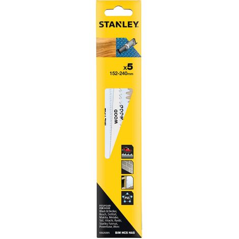 Stanley – Lames de scie sabre lot de 5 – 2 lames HCS 152mm, 1 lame HCS 240mm, 1 lame HAS béton, 2 lames Bi-Métal – Pour bois, béton, métal – STA28205XJ