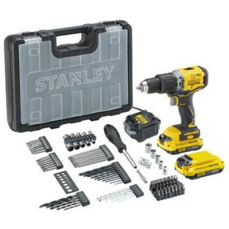 Stanley, SFMCD715D2AF, atornilladora inalámbrica 60Nm Brushless, sistema V20 18V, 2 baterías 2,0Ah incluidas, cargador rápido, ergonómica y potente, negro con amarillo