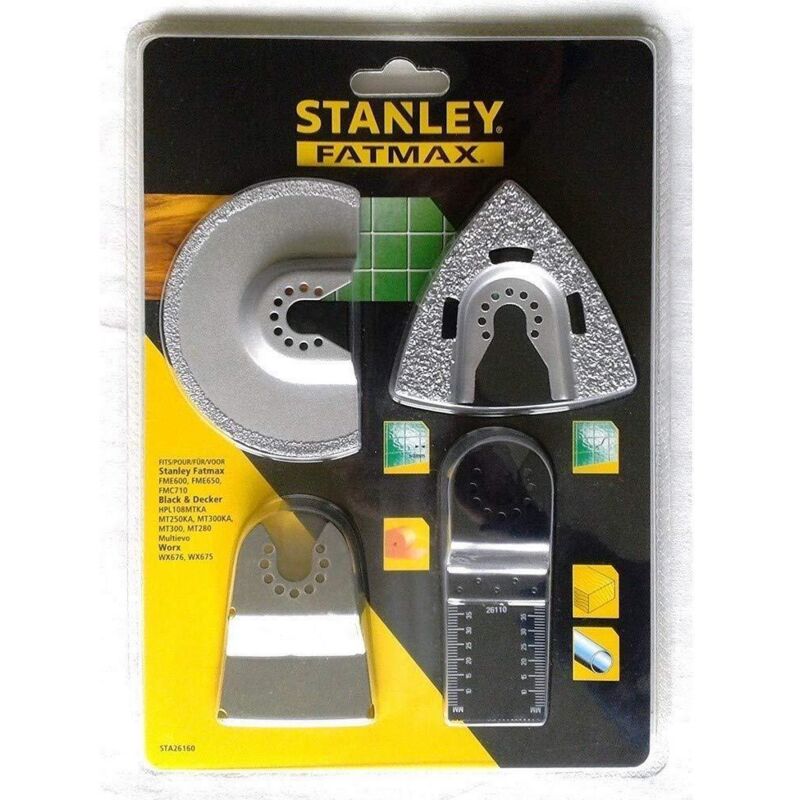 Stanley – Lot de 4 lames d'outil multifonction pour carrelage – Lame à concrétion 92mm et 78mm – Grattoir rigide – Lame bi métal 32mm STA26160 XJ - vue 1