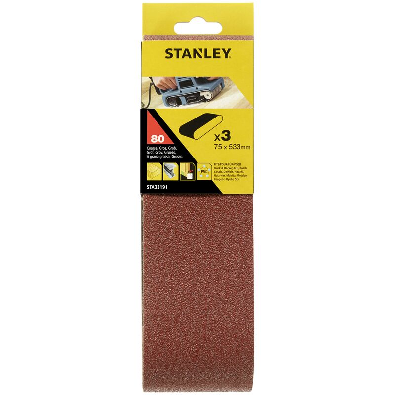 Stanley - STA33191 3 bandes abrasives mm75x533 grain 80 pour ponceuse a' bande