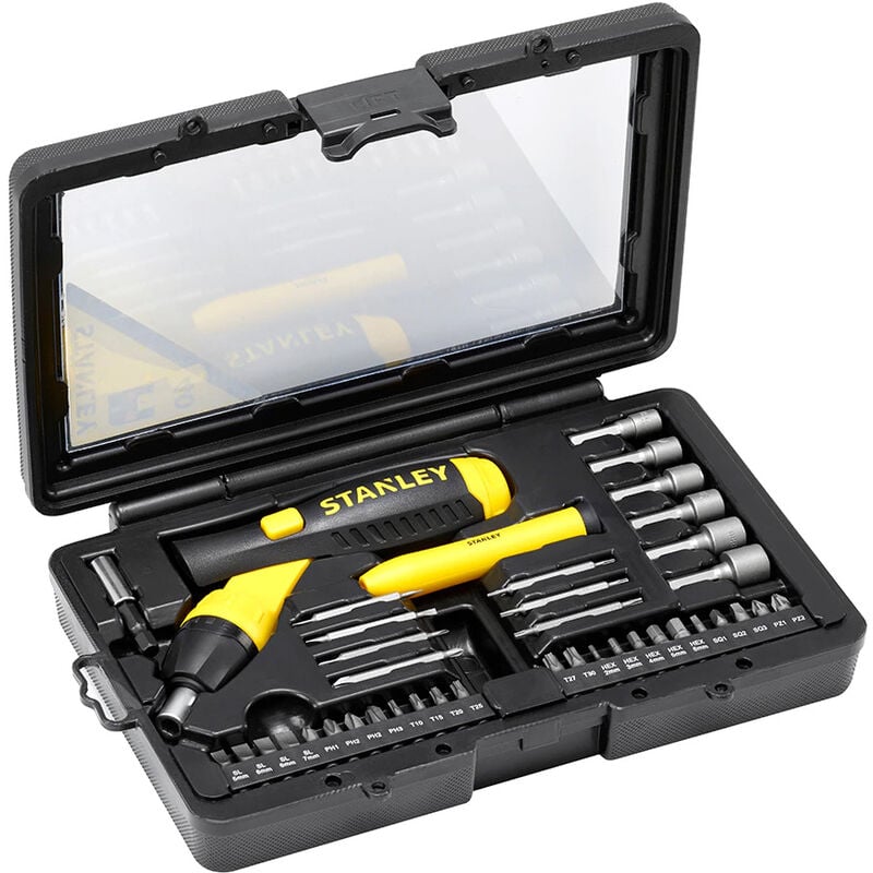 Coffret 40 Pièces Tournevis à Cliquet et Accessoires Stanley 0-63-038 - Tournevis articulé 3 positions pour visser en tout confort
