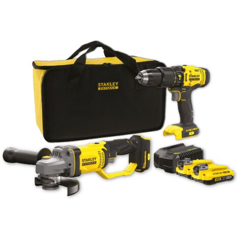 Stanley Werkzeug - 18V Akku-Set Schlagbohrmaschine und Winkelschleifer, 2x 2,0 Ah Li-Ion Akku, Ladegerät SFMCK471D2S-QW