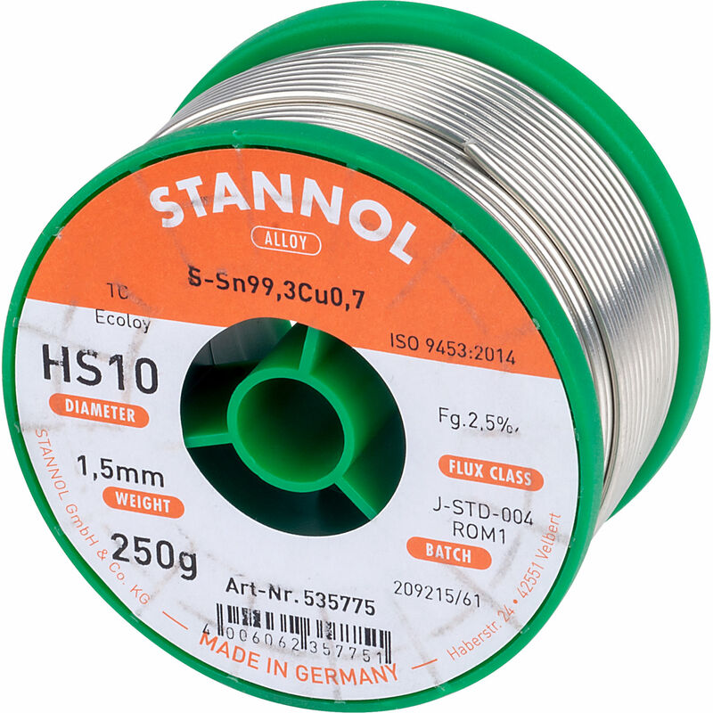 Stannol 535775 Solder Wire HS10 Sn99Cu0.7 1.5mm 250g