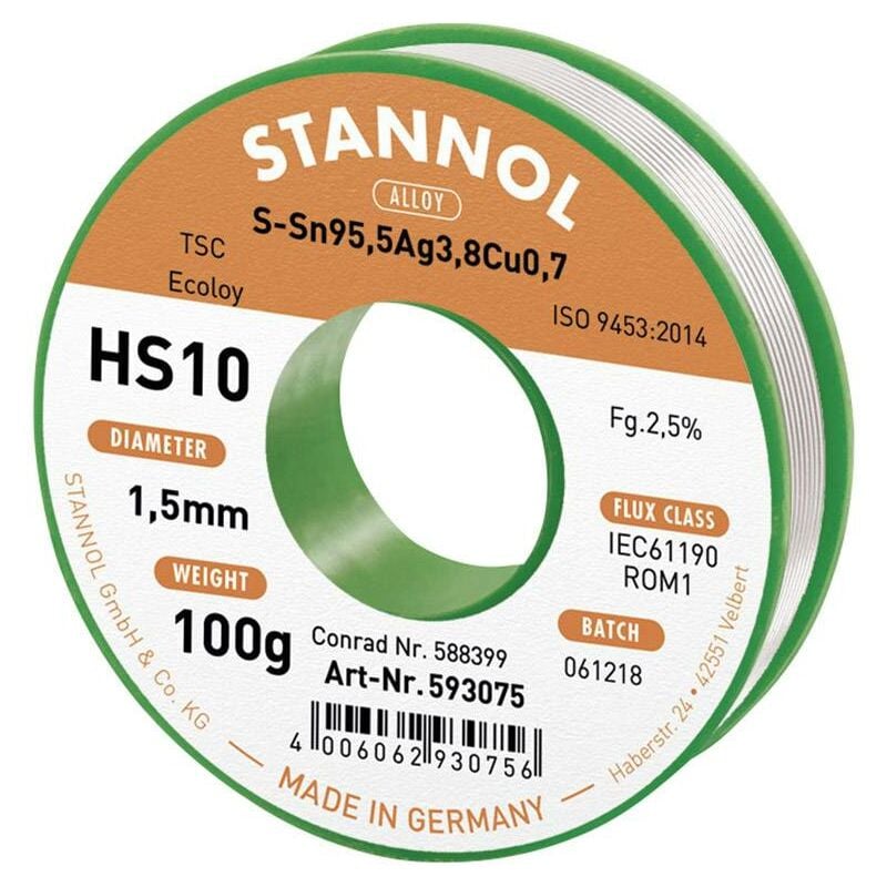 Stannol - HS10 2510 Étain à souder sans plomb bobine Sn95,5Ag3,8Cu0,7 ROM1 100 g 1.5 mm S66200