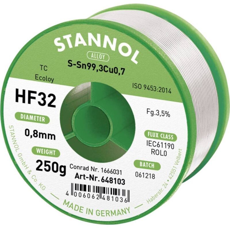 Stannol - HF32 3,5% 0,8MM SN99CU0,7 cd 250G Étain à souder sans plomb sans plomb Sn99,3Cu0,7 ROL0 250 g 0.8 mm