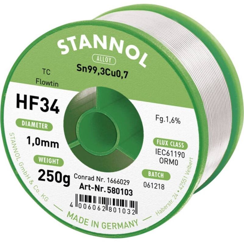 Stannol - HF34 1,6% 1,0MM flowtin tc cd 250G Étain à souder sans plomb bobine, sans plomb Sn99,3Cu0,7 ORM0 250 g 1 mm