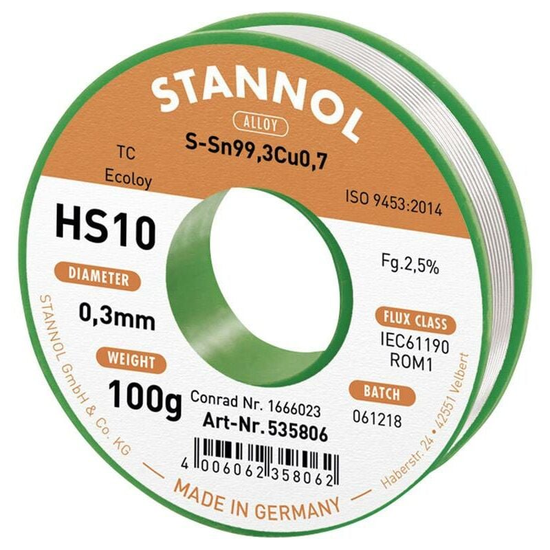 Stannol - HS10 2,5% 0,3MM SN99,3CU0,7 cd 100G Étain à souder sans plomb sans plomb, bobine Sn99,3Cu0,7 ROM1 100 g 0.3 mm X887521